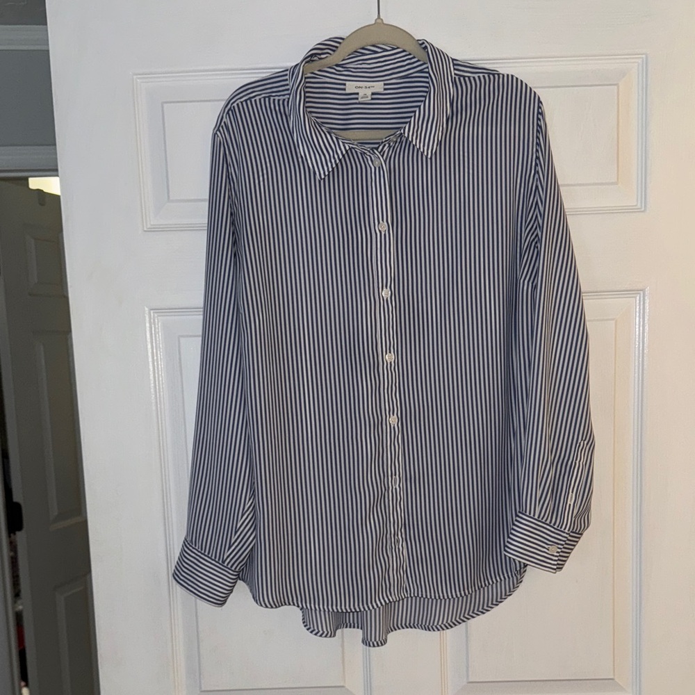 Navy and White Striped Women's Button Down Shirt